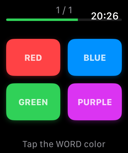 Color-Word game on Apple Watch — grid of four colored tiles labeled RED, BLUE, GREEN, PURPLE